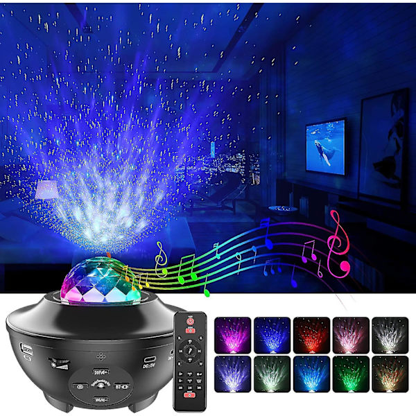 Stjernehimmelprojektor, 10 farger LED-projektorlampe nattlys med Bluetooth-høyttaler, fjernkontroll og timer nattbordslampe for baby barn voksen soverom