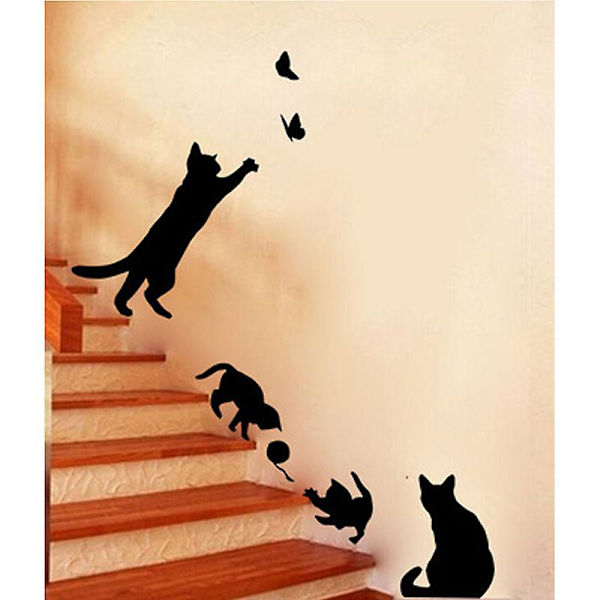 Intressanta Katt Hoppande Väggdekaler, Vardagsrum Katt Dekal Dekoration, Tapetkonst Väggstickers, Svart Vinyl Fjäril Dekoration