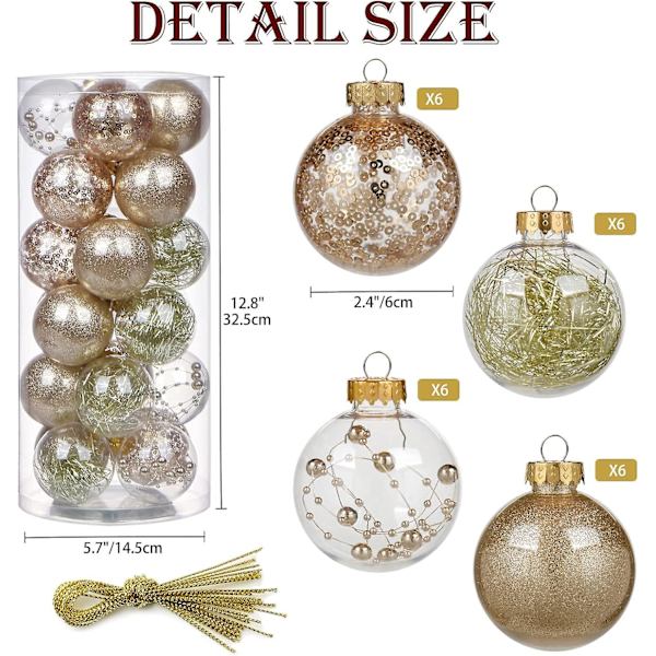 24 st Klar Julgranskulor Dekorationer 2,4'' Champagne Julgranskulor Osplitterliga och Transparenta Dekorativa Hängande Ornament för Jul