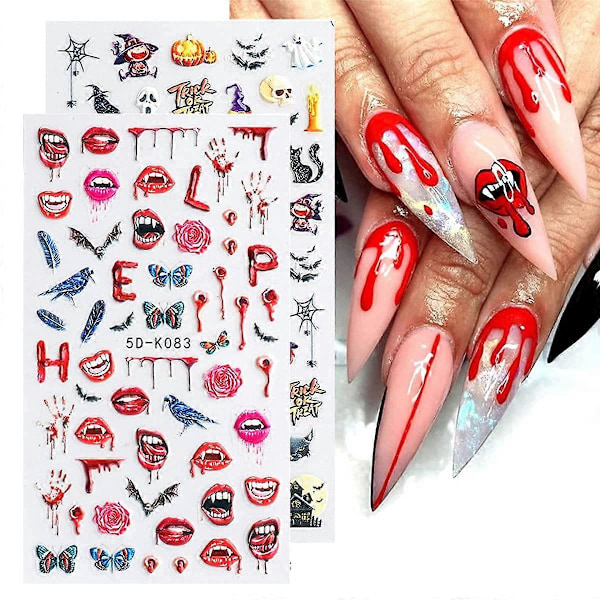 Halloween Nagelkonst Dekaler Klistermärken 5D Stereoskopiska Präglade Nagelsticker för Nagelkonst Blodiga Läppar Palmblad Halloween Nageldesign 3D Nagelkonst Tillbehör S