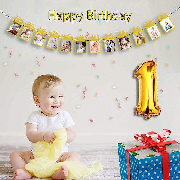 1-års Fotobanner för Baby, Nyfödd till 12 Månader, Babyflicka Pojke Första Födelsedagsfest Dekoration, Månatliga Milstolpebilder