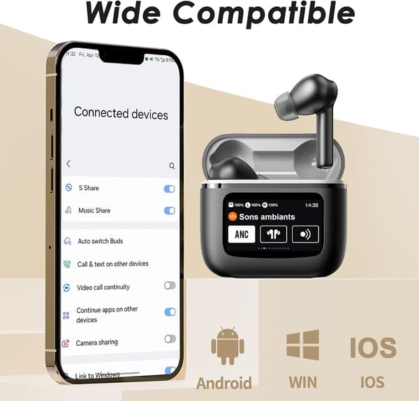Bluetooth-hovedtelefoner HiFi Stereo, LED Smart Touch Screen Earbuds, ANC Støjreducerende Earbuds med mikrofon, In-Ear Hovedtelefoner til iOS/Android (sort)