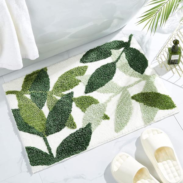 Grön Badmatta, Halksäker Stark Vattenabsorberande Plysch Mikrofiber Badmatta, Maskintvättbar Liten Badrumsmatta Duschmatta Söta Blad Badmatta