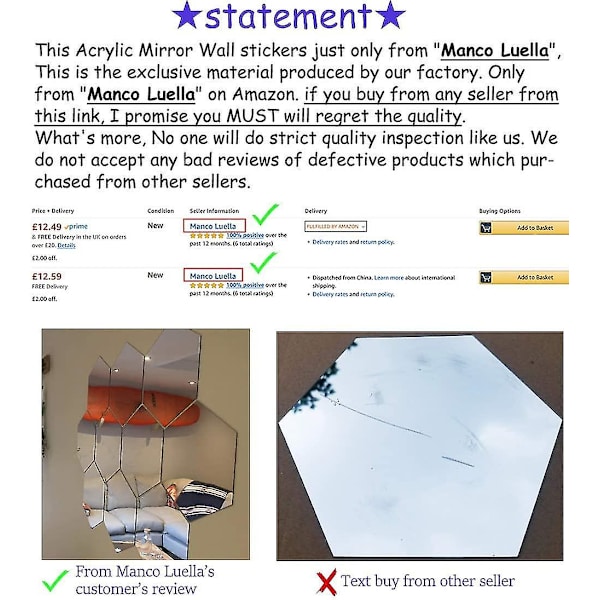Set med 12 akrylhexagonala väggstickers i plast