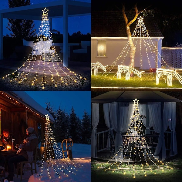 Juldekorationer Utomhus Stjärnbelysning, 350 LED 3m X 2,7m Vattenfallsliknande Trädbelysning med 30cm Toppstjärna, 8 Belysningslägen Utomhus Julbelysning för