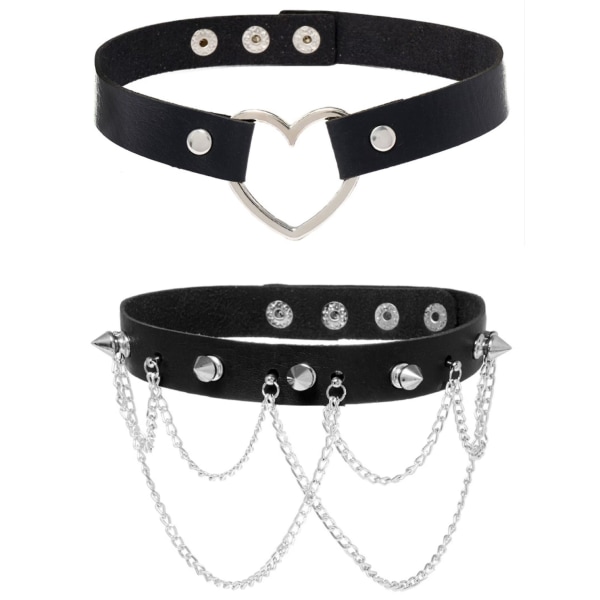 Wabjtam 2 stk. Kvinde Mænd Cool Punk Choker Hjerte Form Biker Læder Studded Choker Pu Læder Krave Choker Rock Gotisk Halskæde Choker