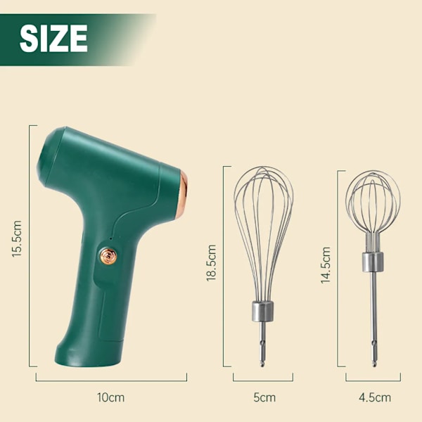 Sladdlös uppladdningsbar handmixer, visp i rostfritt stål, enkel knappmanövrering, inklusive USB-kabel, (grön)