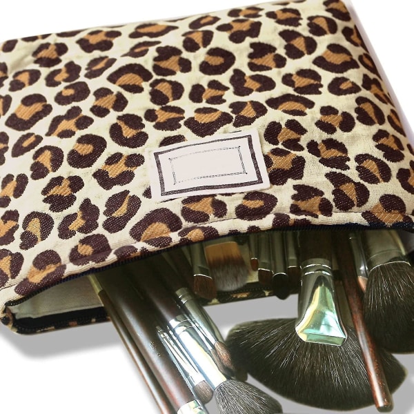 Stor makeuppose kosmetiktaske kompatibel med kvinder, piger, lærredsforing, sød gul leopard