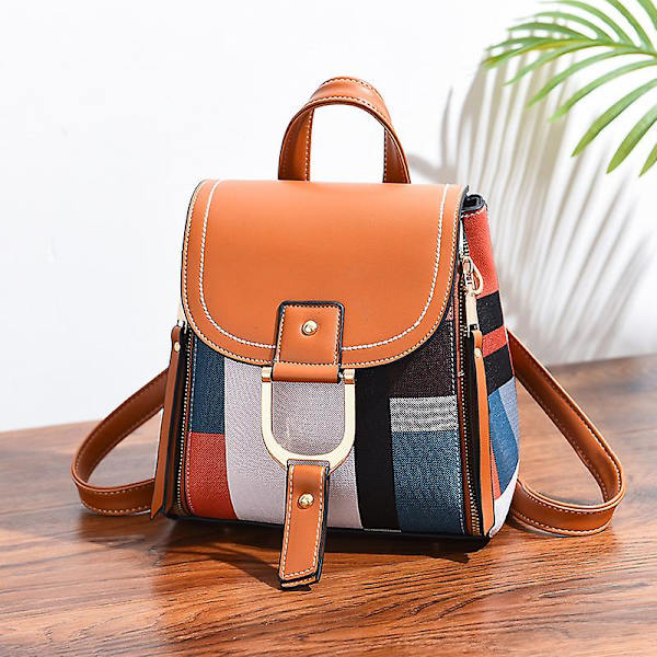 WABJTAM Dam Fashion Ryggsäck Handväska Axelväska PU läder Mini Cross Bag Handväska (khaki rutor)