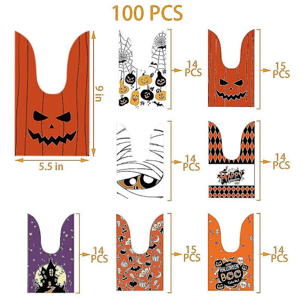 100 st Halloween Godispåsar Halloween Party Godispåsar, Blandade Design, Halloween Godispåsar För Barn Bus Eller Godis, Plast Små Halloween Godispåse