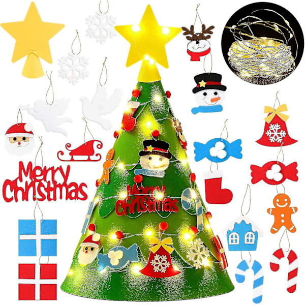 Filttall julgran DIY julgran med ornament strängljus för barn