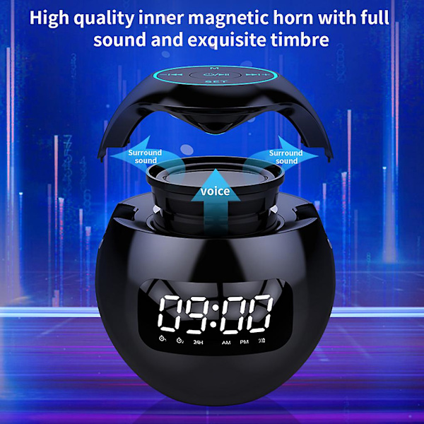 Bluetooth-kompatibel 5.0-högtalare med LED-digital väckarklocka musikspelare trådlös bollformad klockhögtalare Mini Bt-högtalare（vit）