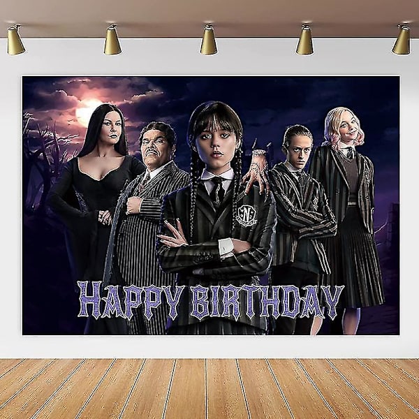 Keskiviikko Addams syntymäpäiväjuhlan koristeet lapsille suihku pojat tyttö astiat tarvikkeet kuppi pöytäliina numerot ilmapallo kakku tausta