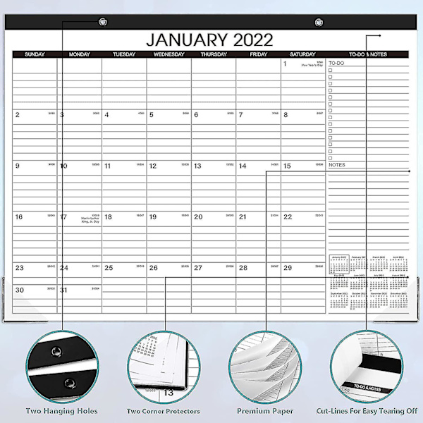 2022 Skrivbordskalender - 2022-2023 43,18 cm x 55,88 cm, jan 2022 - jun 2023, 18 månaders plan, stort horisontellt block, riv av design, 2 hörnskydd A