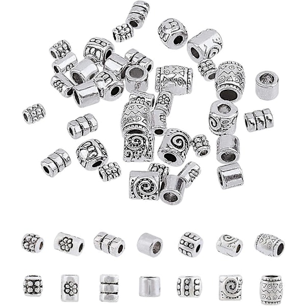 260 st 7 Stilar Tibetanska Distanspärlor Antik Silver Kolonn Legering Rör Metall Distanspärlor Europeiska Stora Hål Lösa Pärlor Distanspärlor för Armband Halsband Smycke