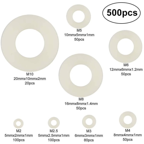 500 stk. Plastskiver Nylon flade skiver M2 / M2.5 / M3 / M4 / M5