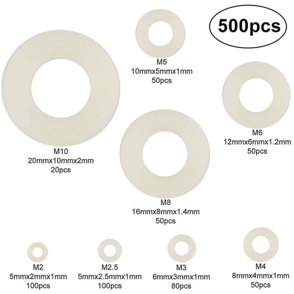 500 stykker plastskiver Nylon flate skiver M2 / M2.5 / M3 / M4 / M5