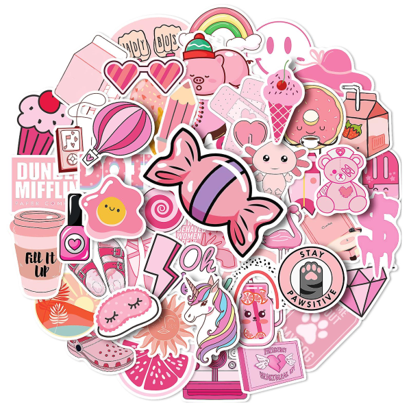 Rosa söta estetiska klistermärken: 50 st Kawaii-klistermärken för tonårsflickor och damer, vattentäta vinylklistermärken för vattenflaskor och bärbar dator