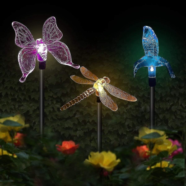 3-pack sommerfugl, kolibri, øyenstikker, solcelledrevne LED-solar hagelys