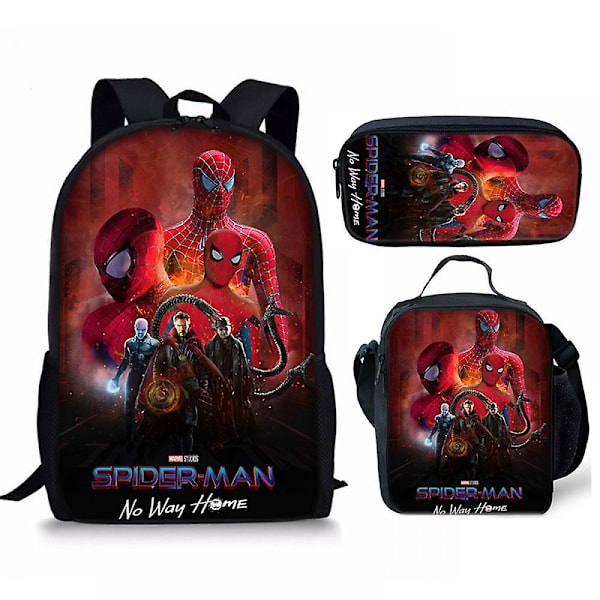 Spiderman: 2-väskig trestegs, ryggsäck måltidsväska pennfodral, student axelväska, lämplig för pojkar och flickor（Trestegsset，10）