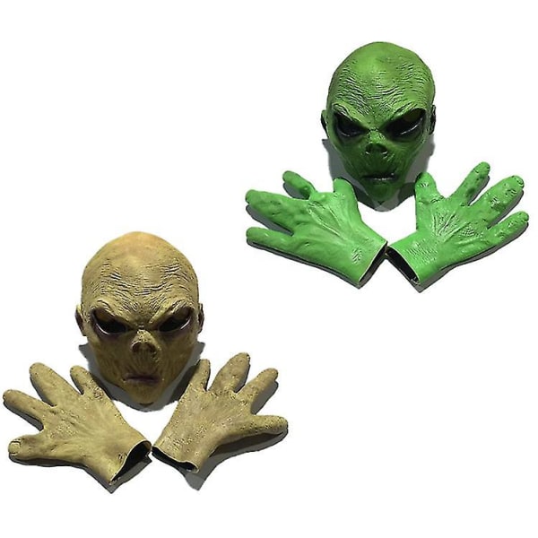 Alien Mask Set Halloween Skrämmande Mask Skalle Skelett Cosplay Roliga handskar Realistisk spökmask（gul）