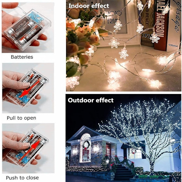 Julbelysning, Juldekorationer Snöflinga Ljuskedja, 6m 40 LED-Fairy Lights Batteridriven Vattentät För Julträdgård Patio Sovrum
