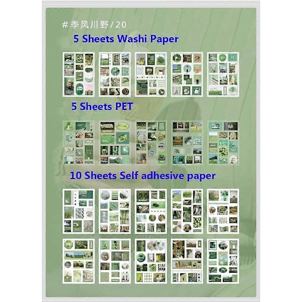 Små Söta Gröna Handboksstickers, 20 Ark Självhäftande Washipapper PVC Brev Natur Planner Stickers Estetisk för Konstjournalföring Hantverkspresenter