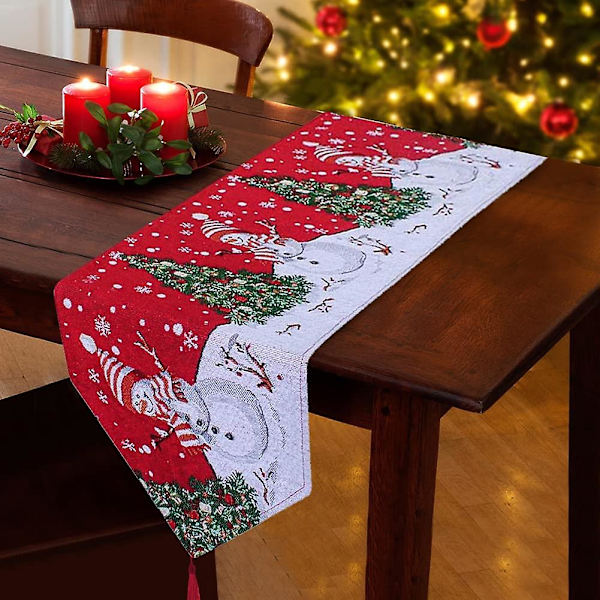 Bhgwr Julbordstablett, 180 X 34cm Röd Julduk Och Rektangulära Löpare Med Snögubbe-Träd Mönster, Lång För Dekoration