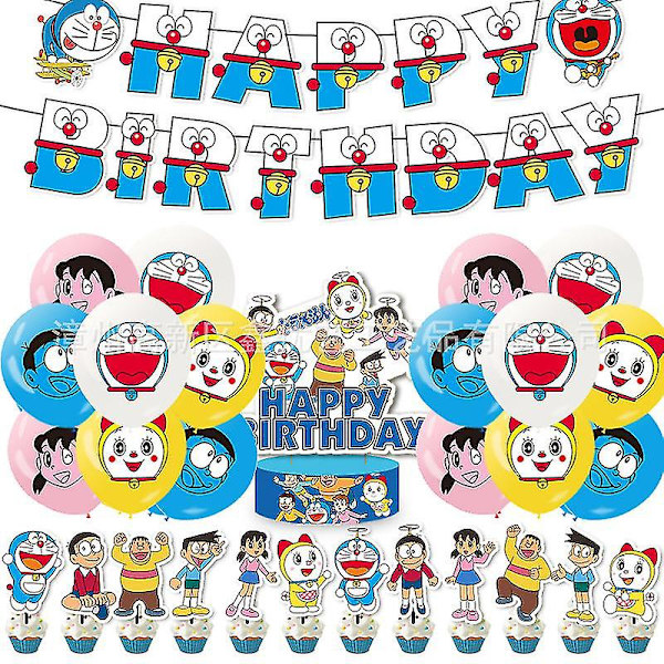 Doraemon-teemainen syntymäpäiväjuhlan koristeilmapallobannerikakkukoristesarja