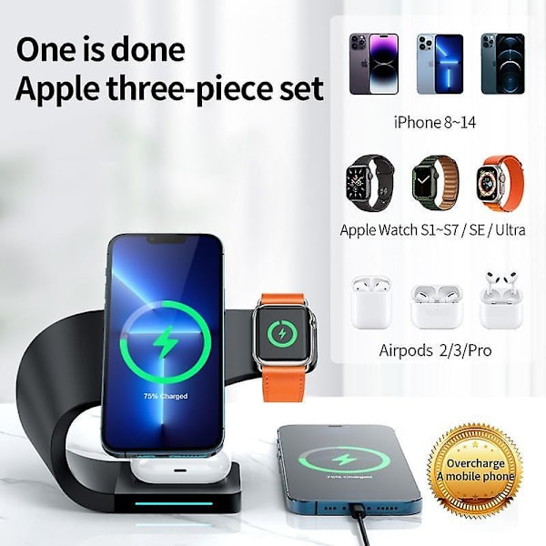 Magnetisk trådlös laddningsstativ 15W induktionsladdningsdocka för iPhone8-14, WatchS1-7SE, AirPods