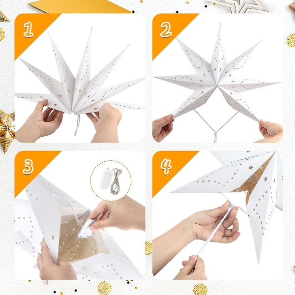 Led papirstjerne opplyst for oppheng, pakke med 2 3d julestjerne opplyst, 45 cm
