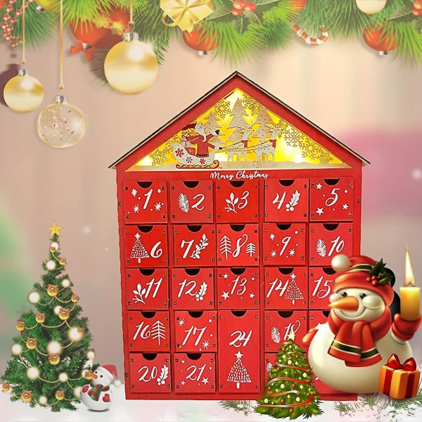 Kreativ julenedtellingskalender med 24 skuffer i tre, opplyst liten gaveskuff for godteri
