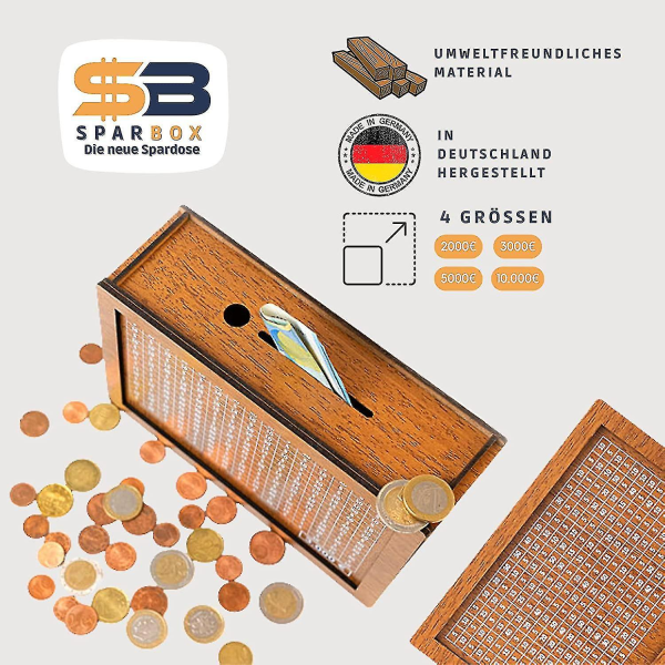 Sparbox (4 kokoa) - Uudelleenkäytettävä rahalaatikko, jossa on säästötavoite ja numeroita rasti