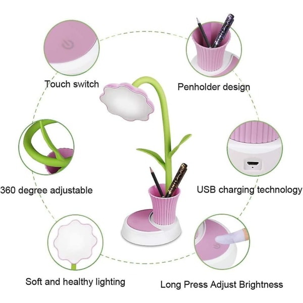 Dimbar sengelampe med berøringssensor, øyevennlig leselampe med pennholder, USB-oppladbar bordlampe for barn (rosa)