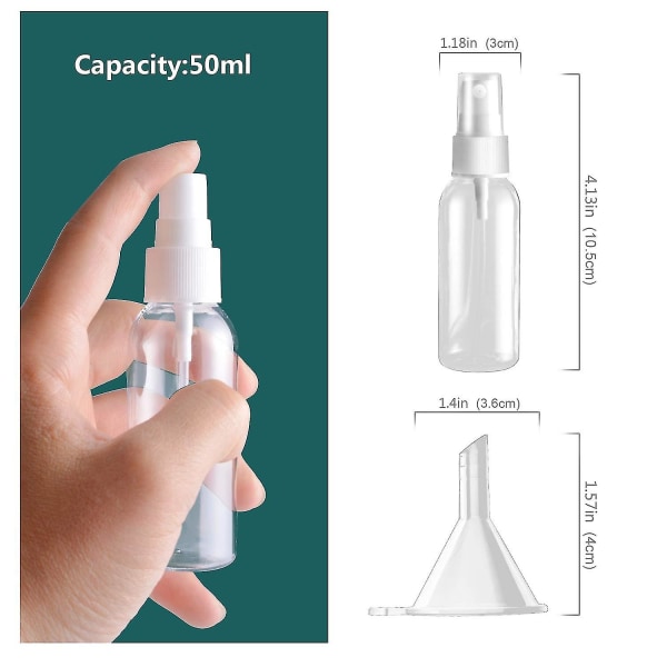 Sprayflaskor, 50 ml genomskinlig tom findimma plast mini reseflaska set, små påfyllningsbara vätskebehållare (6-pack)