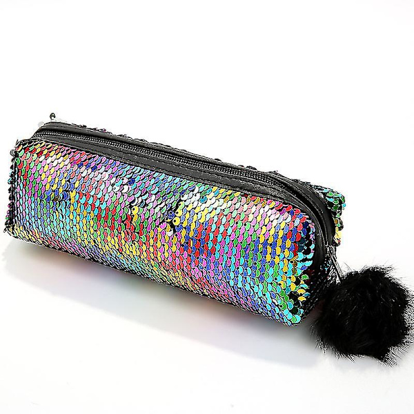 Sjöjungfru Paljetter Pennfodral För Flickor, Glitter Kosmetisk Sminkväska Handväska För Kvinnor Med Pompom Dragkedja Stängning