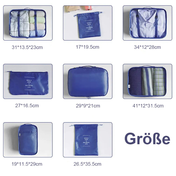 Organizer set, packkuber klädpåsar skopåsar researrangör packkuber kosmetika researrangör packpåsar (8 delar)
