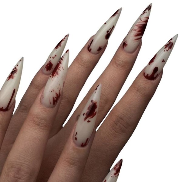 Halloween negler 24stk glanset hvit halloween trykk på negler med rødt bloddråpedesign - heldekkende lange stiletto falske negler for kvinner og jenter