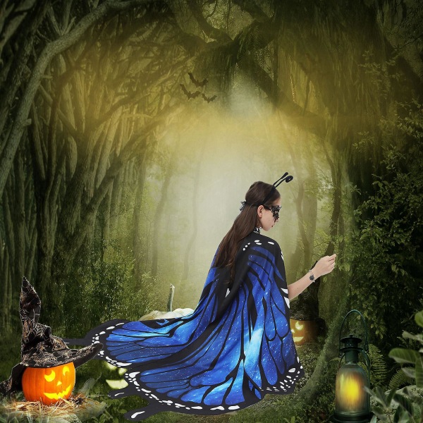 100% nye, søde Halloween kostume vinger til piger Kvinder Sommerfugle Fairy sjal med antenne pandebånd og blonde maske（D）