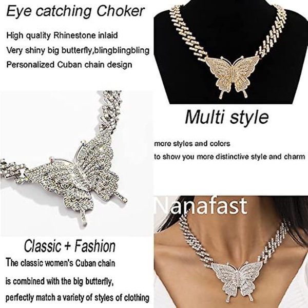 Cubansk lenkekjede Charm Butterfly Halskjeder for kvinner Rhinestone Inlaid Hip Hop Butterfly Cuban Choker Halskjede for jenter