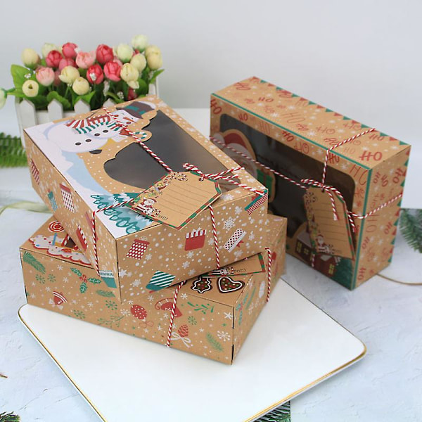 3 st julgodisaskar i kraft med fönster för presentförpackning, stora julbaklådor med lock för bakverk, cupcakes, godis, 21 x 15 x 9,5 cm