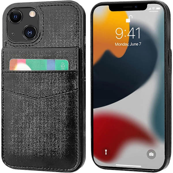 Telefon 13 Fodral Plånbok med Kortfack, Premium Läder Magnetisk Spänne Stativ Robust Skyddande Omslag för iPhone 13 6,1 tum (Svart)