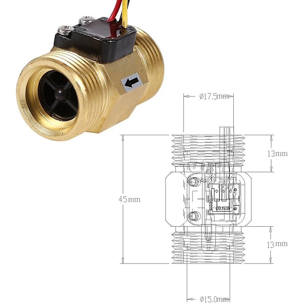 Vattenflödesgivare, G3/4 Dn20mm gänga Hall-effekt vätskeflödesgivare 2-45l/min (45 mm total längd), vattenflödesbrytare