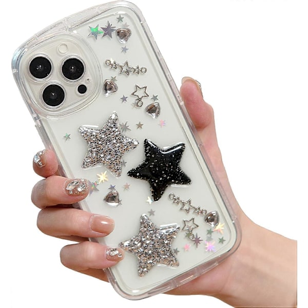 iPhone 14 Skal Bling Stjärnor 3D Hjärtan Diamant Glittrande Stjärna Glitter Y2K Spark Lyxig Flickig Estetisk Personlig Design för Kvinnor