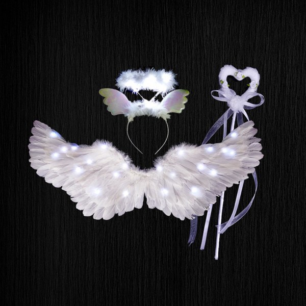 Angel Wings set 3 kpl, syttyvät enkelin siivet ja halot LED-valoilla (80 * 40 cm, valkoinen)