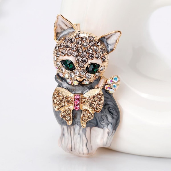 Fyldig 3D kat kæledyr østrigsk krystal emalje broche