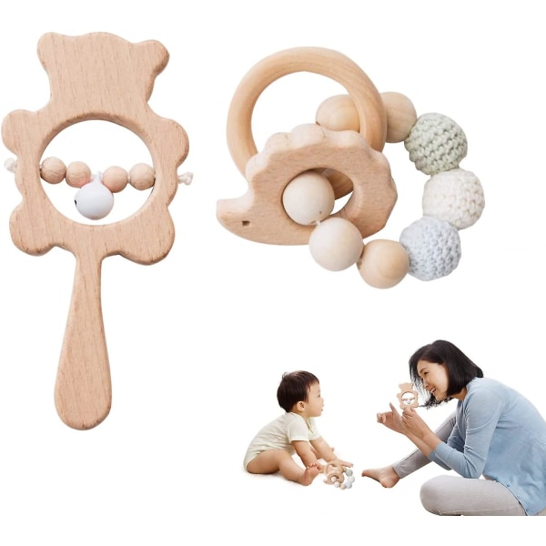2st Naturlig bok Djur Virkad Pärlor Armband Baby Hand Bell Skallra Sensorisk leksak (kanin)