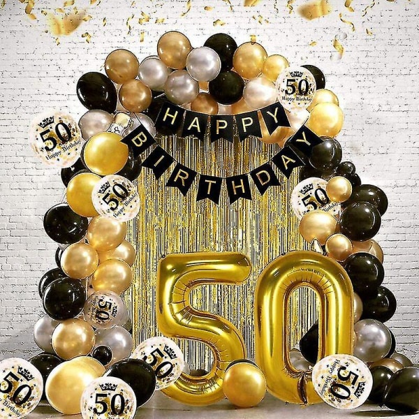 50 år svart gull bursdagspynt, gratulerer med dagen banner, heliumballongtall 50 XXL, svart gull frynse gardin latex konfetti tallbord d