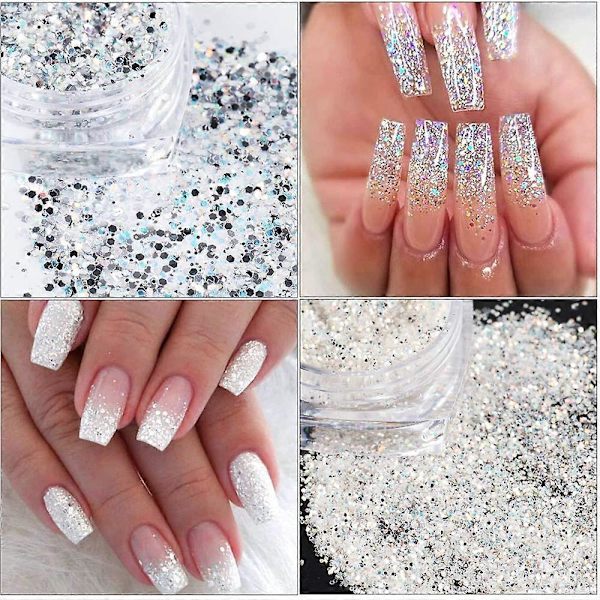 Holografiska Nagelkonstpaljetter Glitterset 6 Ask 3D Naglar Glitter Metallisk Glimmande Flakes Akrylpulver Damm Paljetter för Nageldekoration Holografi