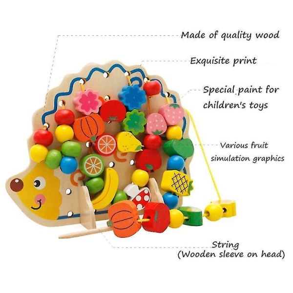 Träleksak Frukt Grönsaker Snörning Snörpärlor Leksaker Med Hedgehog Board Pedagogisk Leksak 82st|